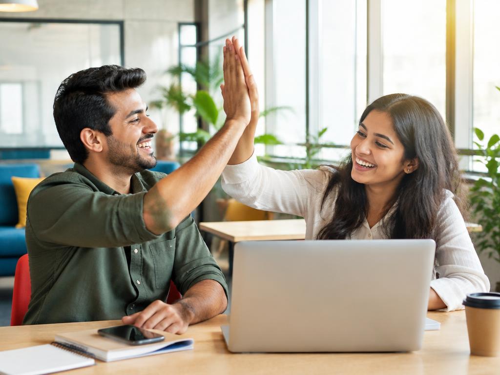 Two young Indian professionals celebrating a career milestone
