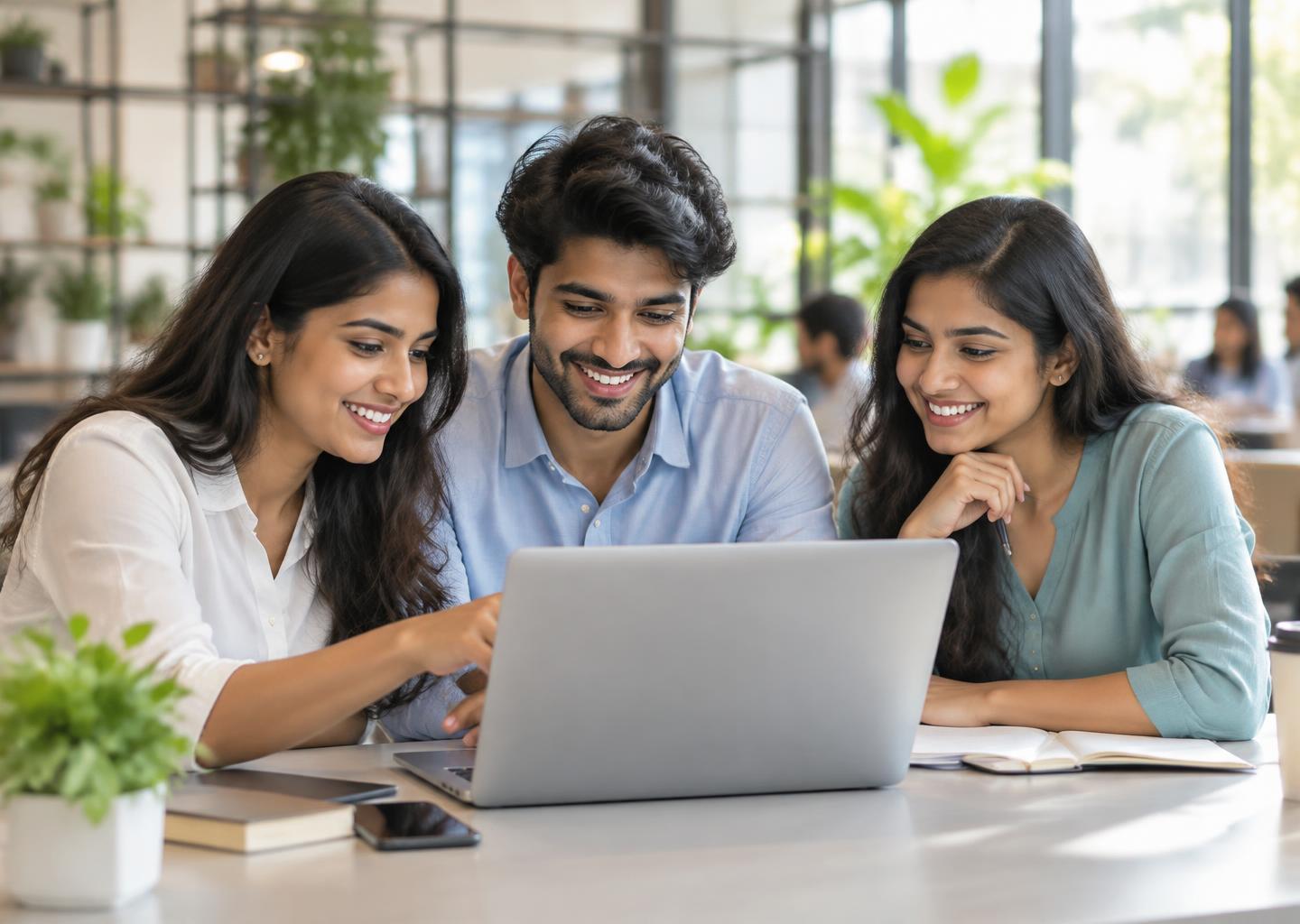 Indian freshers working together on a laptop in a bright workspace
